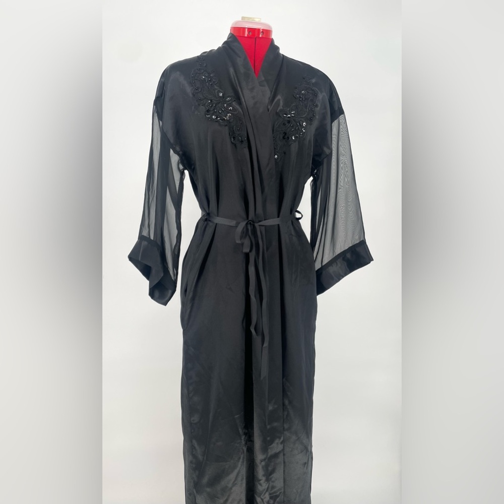 Vintage Black Satin Frederick’s Of Hollywood Maxi Length Kimono Robe W/ Applique